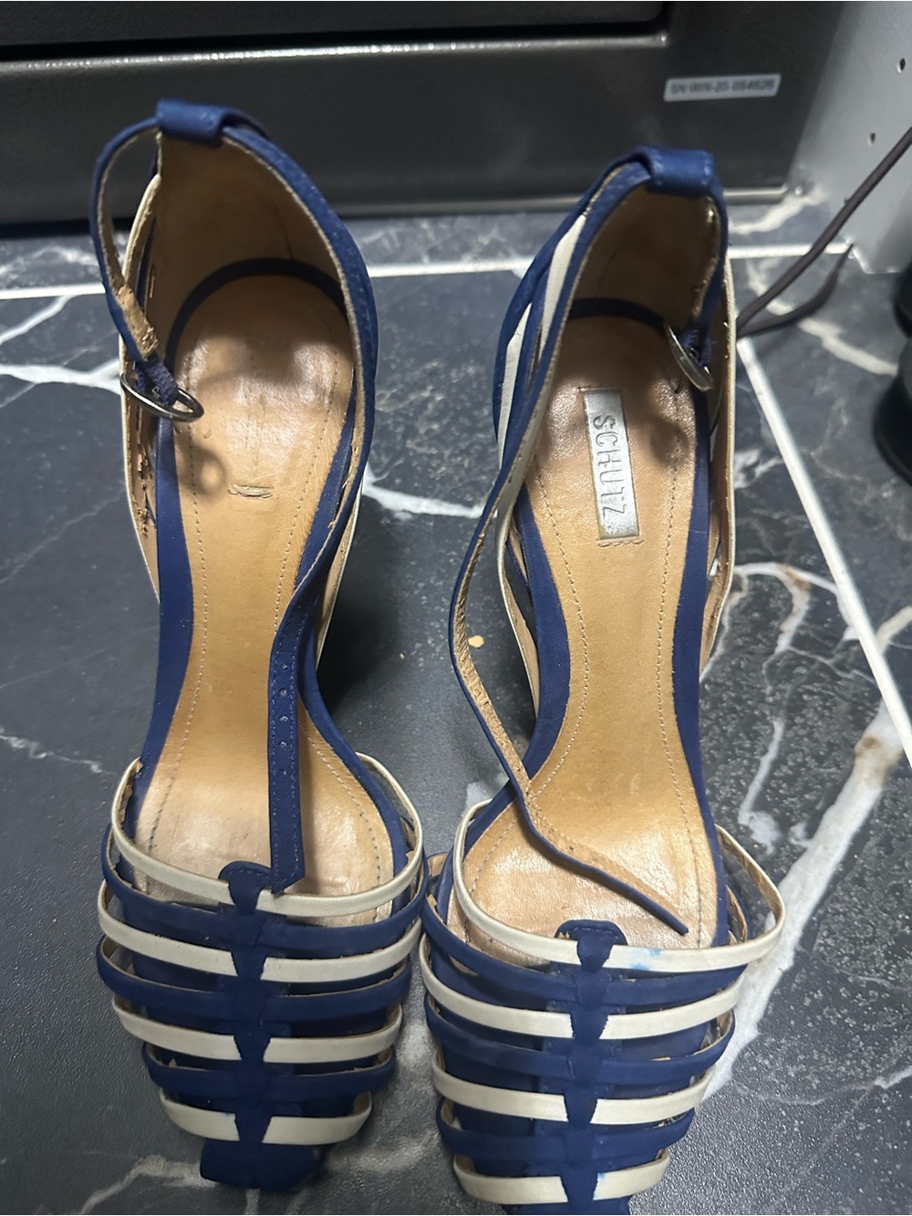 SCHUTZ Navy and Cream Strappy T-Bar Heels